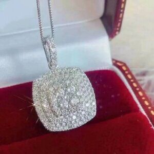 NEW 925 Sterling Silver Large Diamond Square Pendant Box Chain Necklace